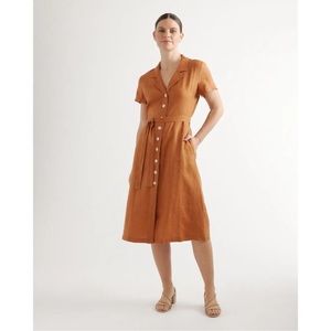Quince Linen Button Front Dress sz M Women's Terracotta Orange Midi A-Line Belt